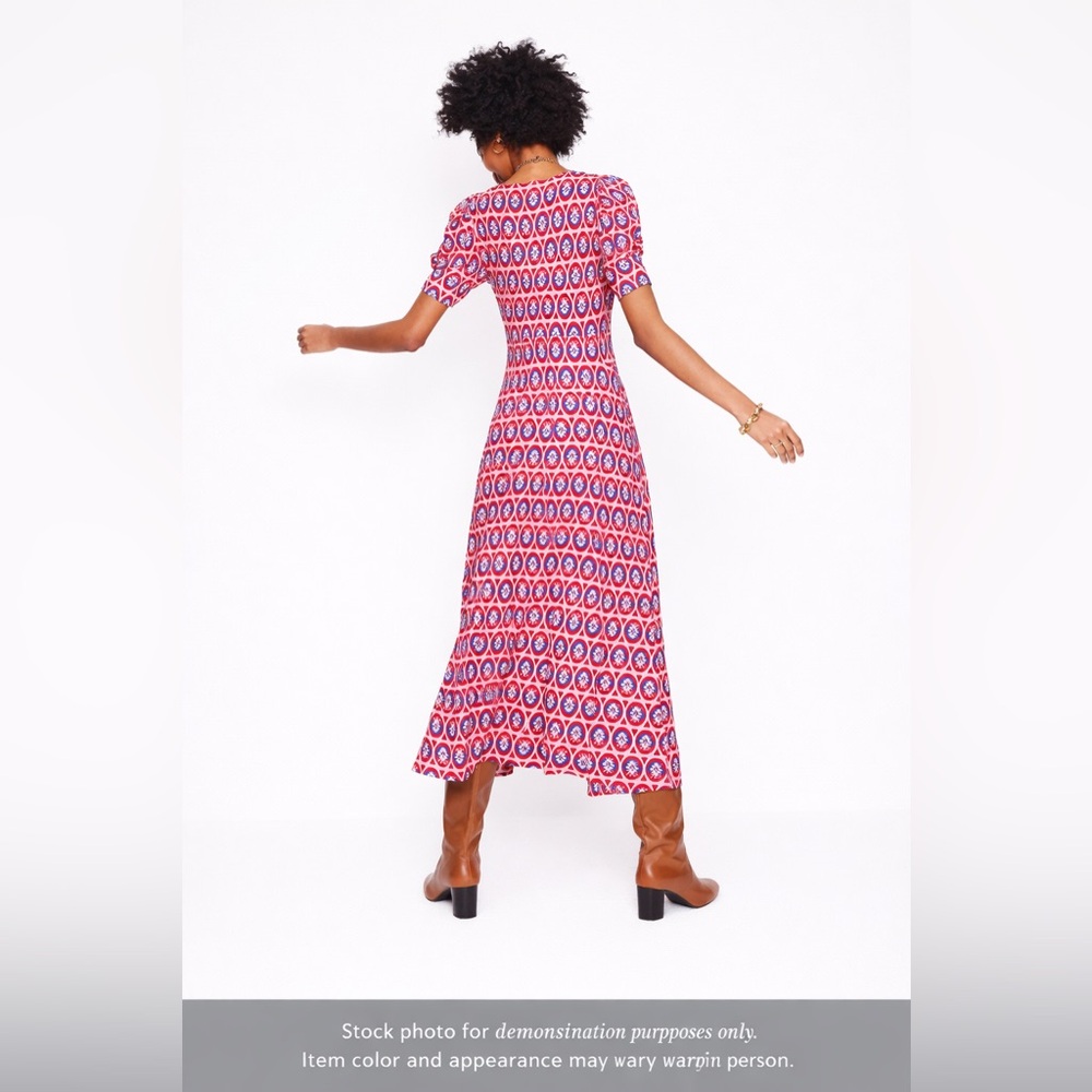 Boden Kristen Pleated Jersey Midi Dress Red Blue Print UK Brand Size 6R Resort